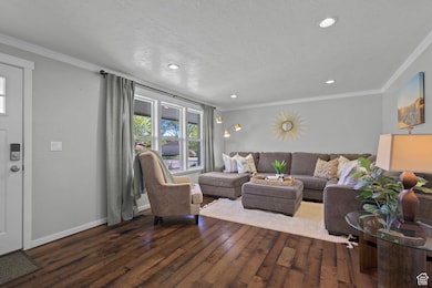 Living area featuring ornamental molding, dark wood-style floors, recessed lighting, and a textured ceiling