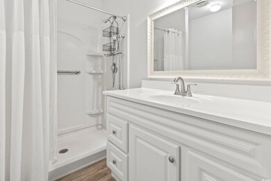 Bathroom with wood-type flooring, vanity, and a sh