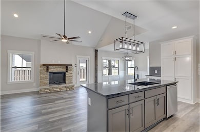 Kitchen with sink, gray cabinets, dishwasher, an i