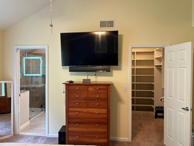 Bedroom featuring a spacious closet, light colored carpet, and vaulted ceiling