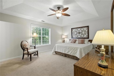 Bedroom with a raised ceiling, carpet flooring, and ceiling fan