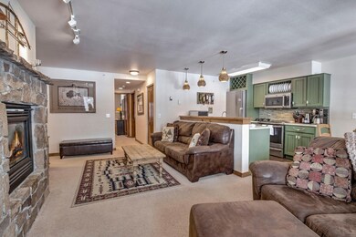 Carpeted living room with a stone fireplace, rail