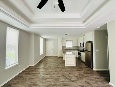Kitchen featuring appliances with stainless steel finishes, a raised ceiling, ceiling fan, and plenty of natural light