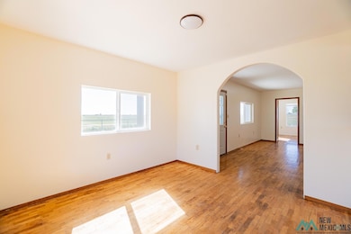 Empty room featuring arched walkways and light wood-style flooring