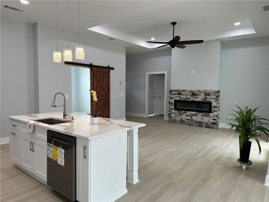 Kitchen with a raised ceiling, a sink, a barn door