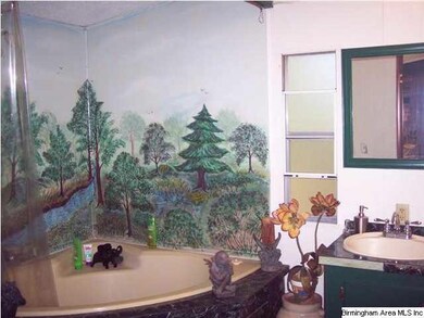 Garden tub with shower, double sink vanity.  Mural