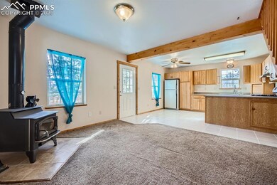 Living room, ceiling fan, light colored carpet, be