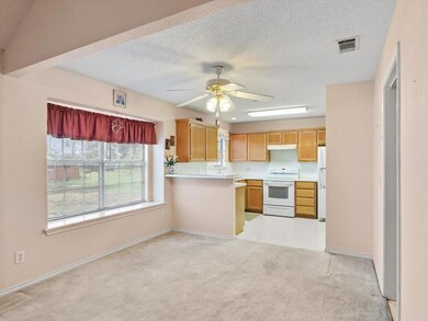 Kitchen featuring light carpet, white appliances, kitchen peninsula, and ceiling fan