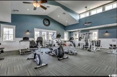Workout area with ceiling fan, high vaulted ceiling, a wainscoted wall, carpet floors, and healthy amount of natural light
