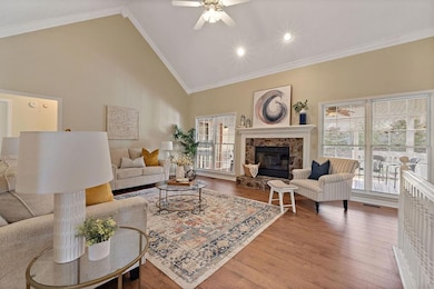 Living room featuring high vaulted ceiling, ornamental molding, wood finished floors, healthy amount of natural light, and a stone fireplace