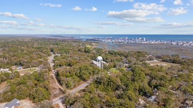 Bird's eye view featuring a water view and a woode