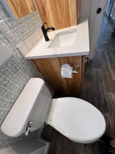 Bathroom with vanity and dark wood-style flooring