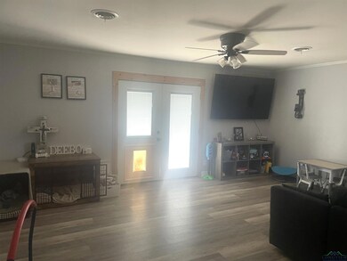 Living area with ornamental molding, a ceiling fan, and wood finished floors