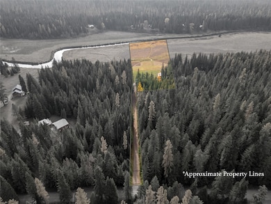 Aerial view of property and surrounding area with a forest and property parcel outlined