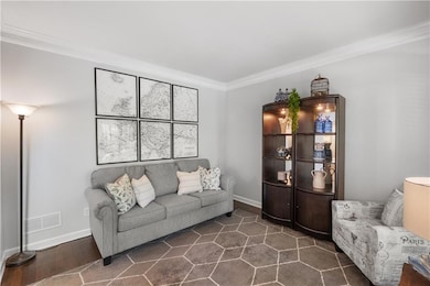Living room featuring crown molding and dark wood-type flooring