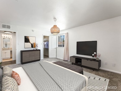 Carpeted bedroom with a walk in closet, a closet,