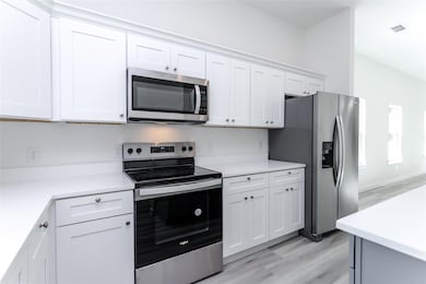 Kitchen with stainless steel appliances, light har