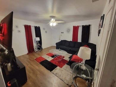Living area featuring wood finished floors and ceiling fan