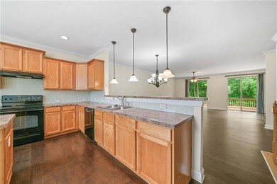 Kitchen featuring black appliances, under cabinet range hood, a peninsula, a sink, and dark wood-style floors
