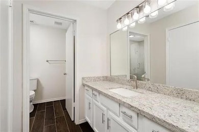 Bathroom featuring vanity, toilet, and wood finished floors