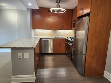 Kitchen featuring dark wood-style flooring, a peninsula, decorative backsplash, stainless steel appliances, and a sink
