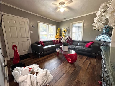 Living area featuring a ceiling fan, ornamental molding, and wood finished floors