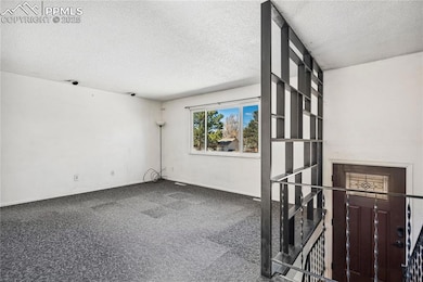 Carpeted spare room featuring baseboards and a tex