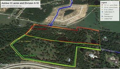 Yellow line out lines the 16 acres and entry to property is off of White Oak Way