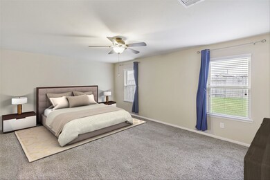 Come and unwind after a long day in this magnificent master suite! This spacious room features plush carpet, custom paint, room for sitting area, custom paint, dark stained ceiling fan with lighting and large windows with privacy blinds.