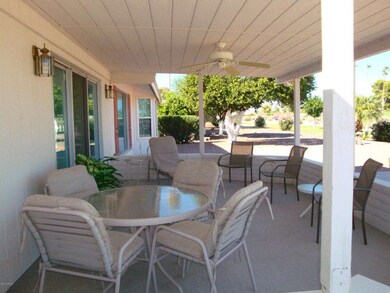 back patio with carpet and fan