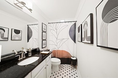 Full bath with vanity and a shower with shower curtain