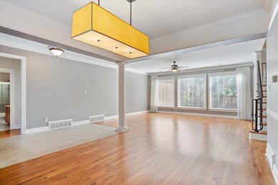 Formal dining room opens to living room with abund