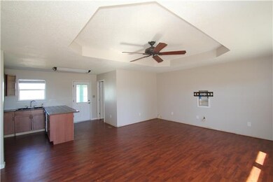 Open living area with tray ceiling.