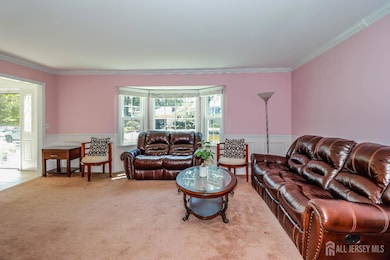 living area with wainscoting, crown molding, a decorative wall, and carpet