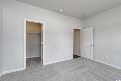 Unfurnished bedroom with carpet, a spacious closet
