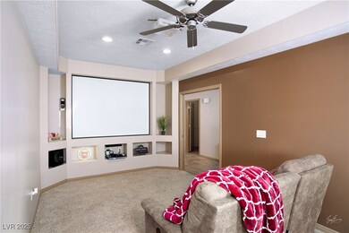 Carpeted cinema room with visible vents, recessed