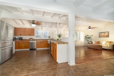 View of kitchen and living area.