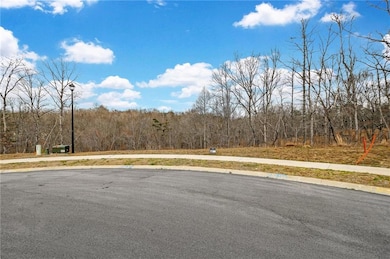 View of asphalt street featuring sidewalks, a wooded view, and street lighting
