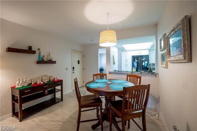 Dining space with light wood-type flooring and a skylight