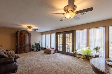 Carpeted living room featuring french doors and ce