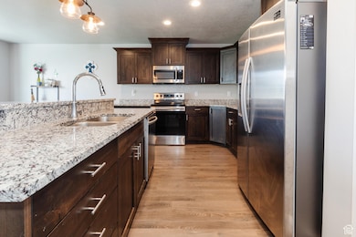Kitchen featuring appliances with stainless steel finishes, light wood-type flooring, dark brown cabinetry, light stone counters, and recessed lighting