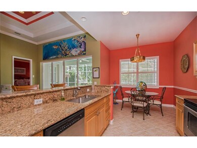 The kitchen flows into the living room and feature