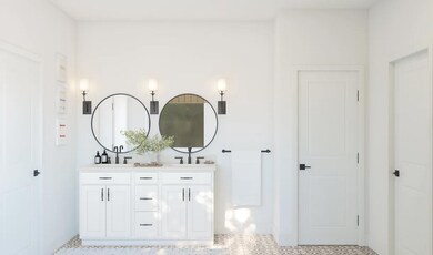 Primary bath with freestanding vanity