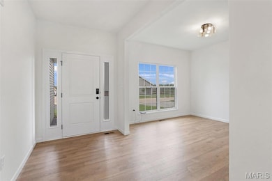 Foyer entrance with light wood finished floors and baseboards