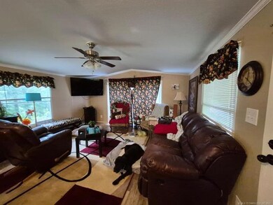 Living area featuring a ceiling fan, ornamental molding, and vaulted ceiling