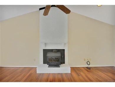 Brick fireplace, wood stove, vaulted ceiling and w