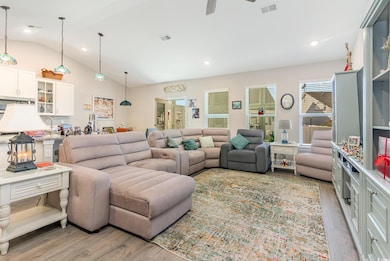 Living room with ceiling fan, light hardwood / woo