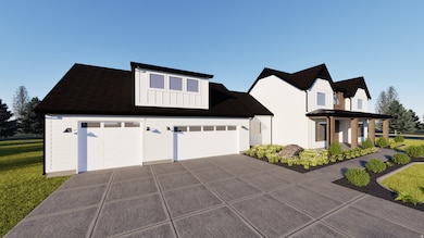 Modern farmhouse featuring driveway, board and batten siding, and a shingled roof
