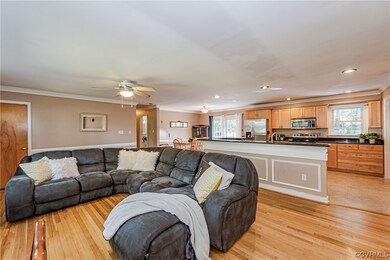 Living room featuring crown molding, ceiling fan,