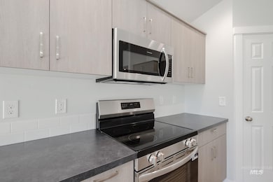 Kitchen featuring dark countertops, stainless steel appliances, and light brown cabinets